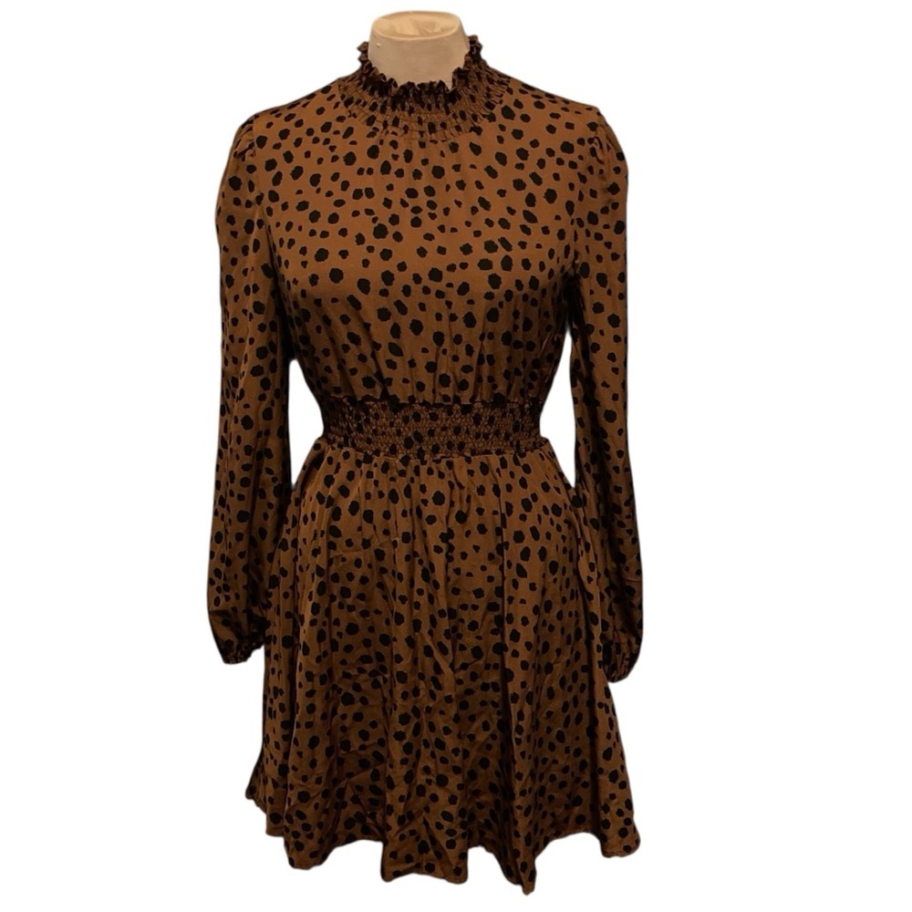SHEIN Brown and Black Polka Dot Long Sleeve Mini Dress